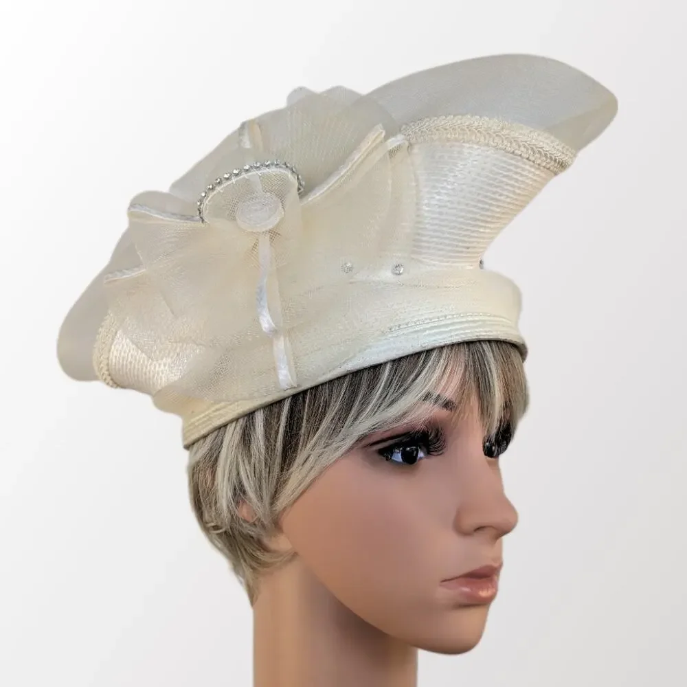 VTG 50s Fascinator Hat MCM Ivory Upsweep Woven Rhinestone Pearl Church Derby